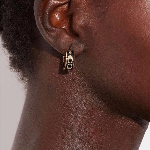Coach Siganture Enamel Huggie Earrings in Black - Picture 2 of 10